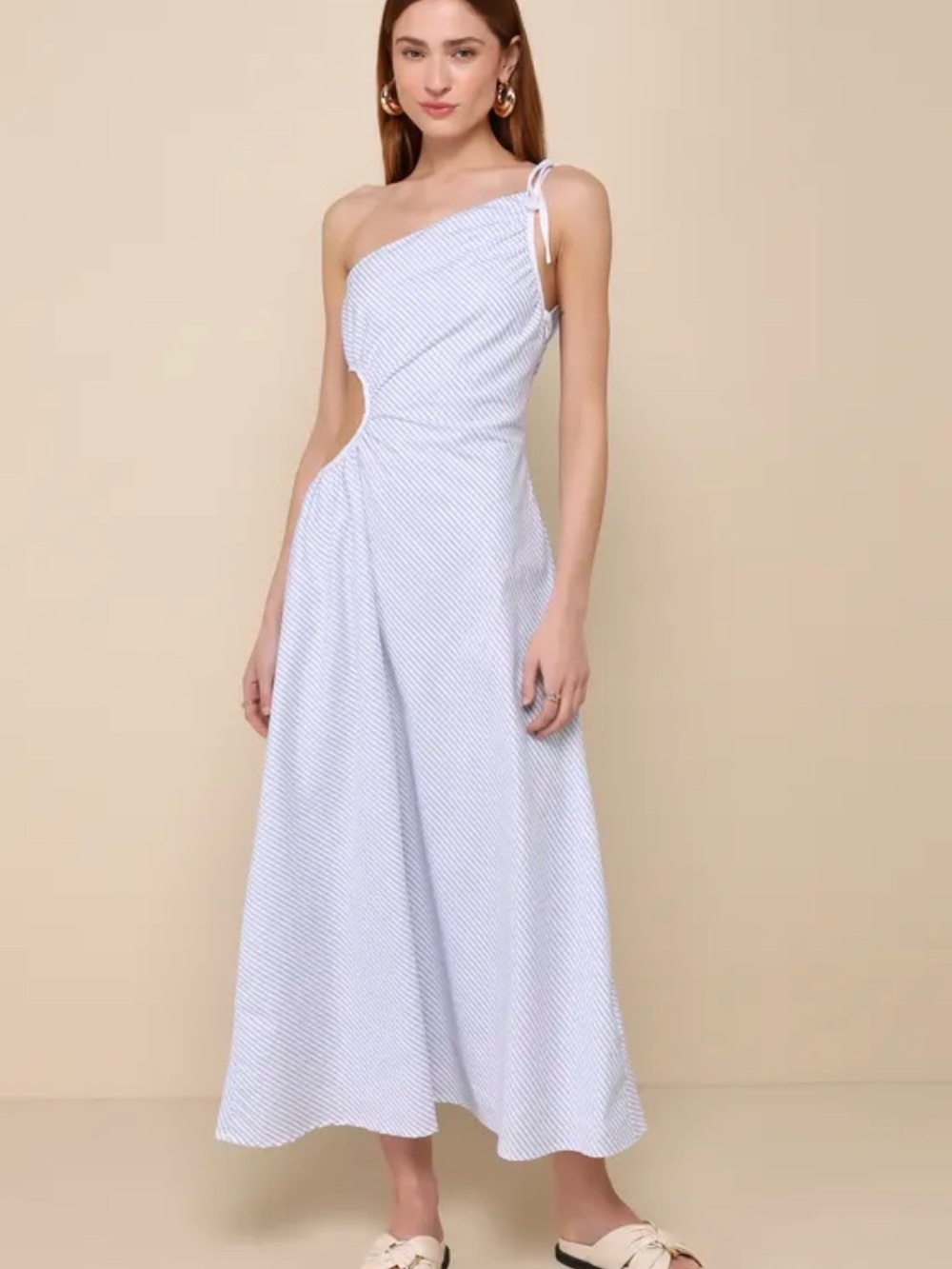 Light Blue Striped Tie-Shoulder Maxi Dress